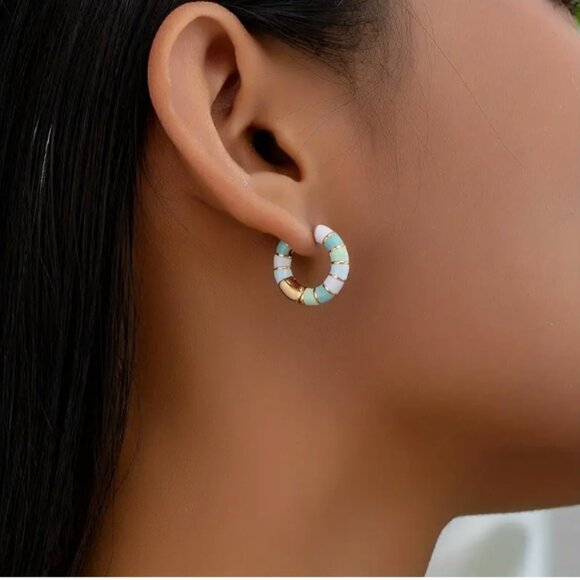 NWTs - Gold Plated Green, Blue & White Enamel Hoop Earrings - Picture 3 of 3